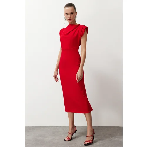 Trendyol Red Degaje Collar Body-Fitting Woven Stylish Evening Dress