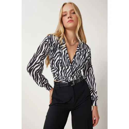 Happiness İstanbul Women's Black and White Zebra Patterned Wrap Collar Gathered Knitted Blouse