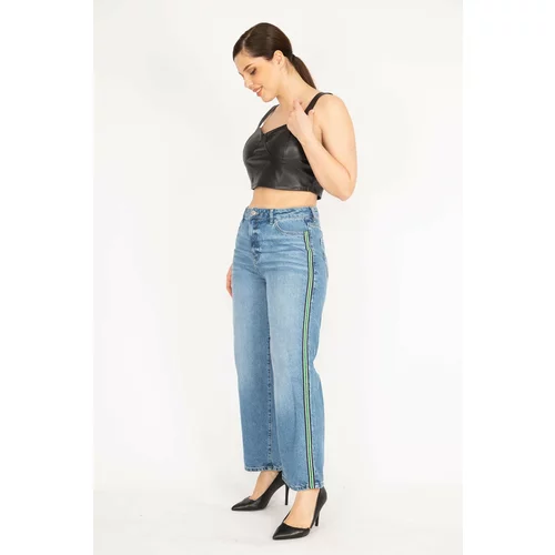 Şans Women's Blue Plus Size Jeans with Side Stripes, 5 Pockets