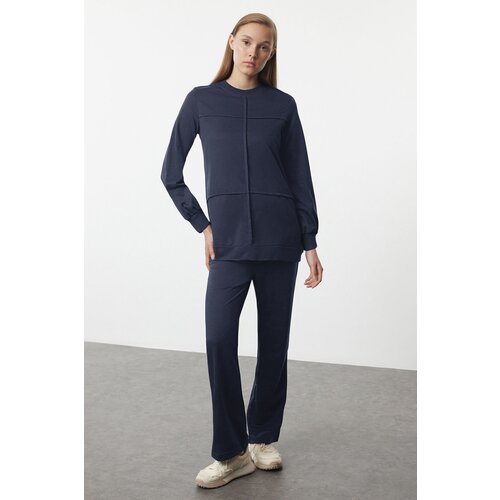 Trendyol Navy Blue Ribbed Oversize Knitted Bottom-Top Set Cene