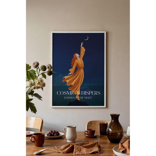 Wallxpert uramljena slika 115229, žena u narandžastoj haljini pruža ruku ka mesecu, 50 x 70 cm, beli ram Slike