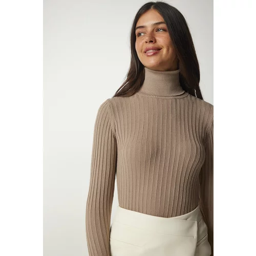 Happiness İstanbul Women's Mink Turtleneck Corduroy Basic Sweater