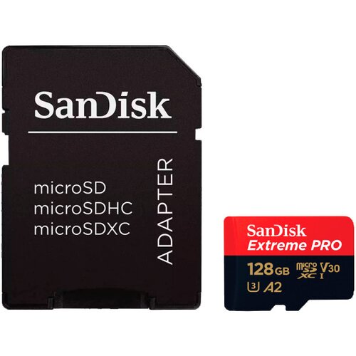 San Disk Extreme PRO microSDXC 128GB + SD Adapter + 2 years RescuePRO Deluxe up to 200MBs & 90MBs ReadWrite speeds A2 C10 V30 UHS-I U3 ( SDS Cene