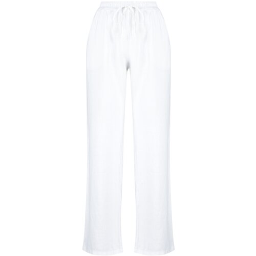 Trendyol White 100% Linen Elastic Waist High Waist Wide Leg Trousers Slike