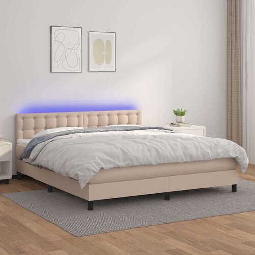 Krevet box spring madrac LED cappuccino 180x200cm umjetna koža Slike