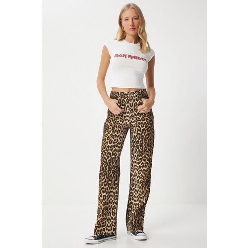 Happiness İstanbul Women's Black Beige Leopard Patterned Straight Jeans Slike