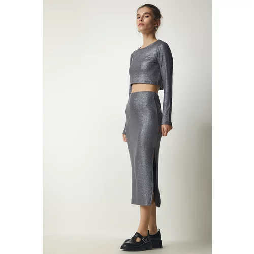 Happiness İstanbul Women's Gray Shimmer Corduroy Crop Skirt Set