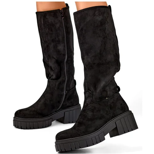 primohurt Black classic women's boots with a thick sole, suede over-the-knee boots