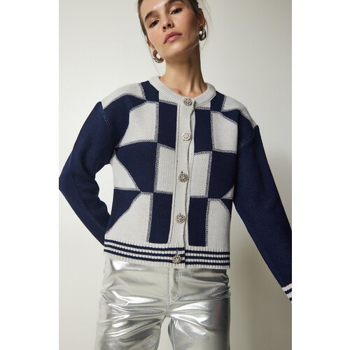 Happiness İstanbul Women's Cream Navy Blue Stylish Buttoned Patterned Knitwear Cardigan Slike