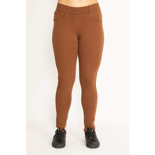 Şans Women's Large Size Tan Leggings with Front Decoration and Back Pockets Cene