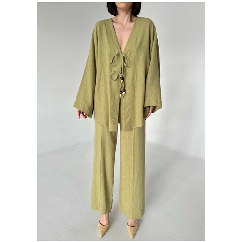 Laluvia Khaki Beaded Kimono Linen Suit Slike