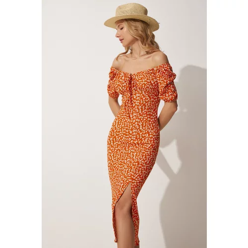 Happiness İstanbul Women's Orange Carmen Collar Slit Summer Knitted Dress