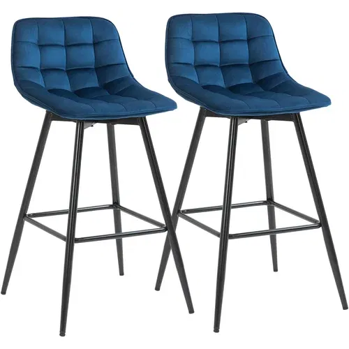 HOMCOM Komplet 2 barskih stolčkov z naslonom in podnožjem, oblazinjeni visoki stoli za dnevno sobo ali kuhinjo v nordijskem slogu, kovina in modri žamet, 45x47x88cm, (20753191)
