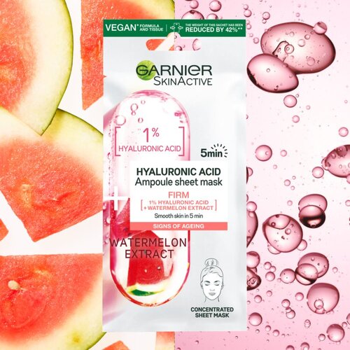 Garnier Skin Naturals Hyaluronic Acid Ampoule platnena maska ​​za pomiritev in posvetlitev kože 1 ks za ženske Slike