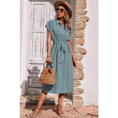 Madmext Baby Blue Shirt Collar Long Dress