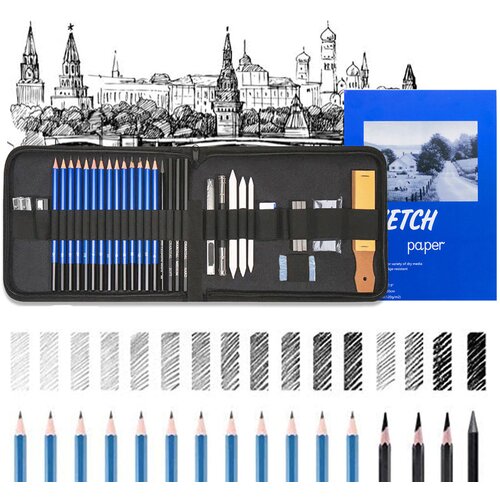 Venisymlis 35-delni komplet svinčnikov za skice z etuijem na zadrgo &amp;ndash; komplet za risanje, (22096579) Slike