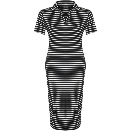 Trendyol Curve Black and White Striped Polo Neck Knitted Dress