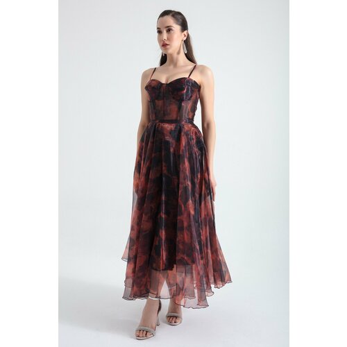 Lafaba Women's Brown Design Organza Evening Dress Slike