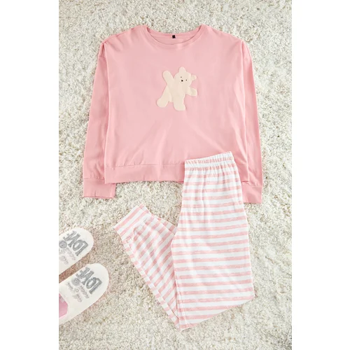 Trendyol Pink Cotton Teddy Bear Printed Striped T-shirt-Jogger Knitted Pajama Set