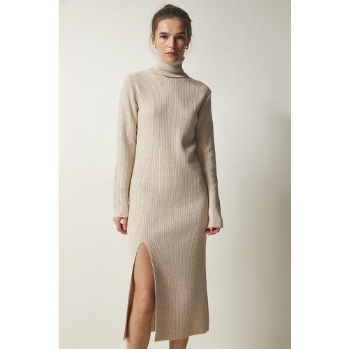  Women&amp;#039;s Beige Turtleneck Slit Knitwear Dress Slike