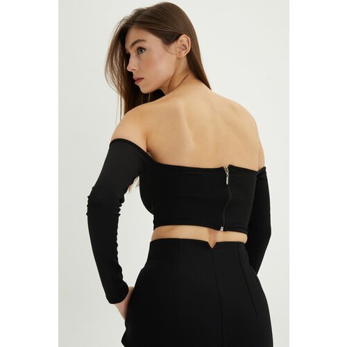 Cool & Sexy Women's Black Zipper Back Crop Blouse B518 Slike