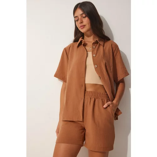 Happiness İstanbul Women's Biscuits, Linen Surface Shorts and Shirt Set