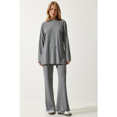 Happiness İstanbul Women's Gray Ribbed Knitted Blouse Pants Suit Slike