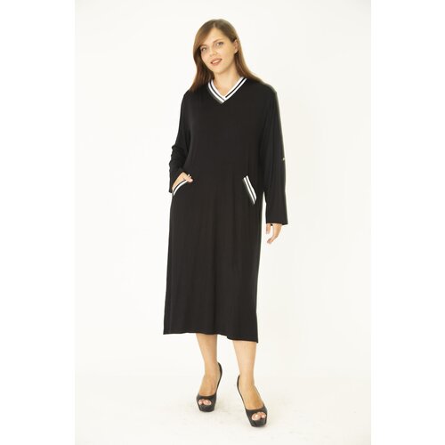 Şans Women's Plus Size Black Rib Detail V Neck Dress With Adjustable Sleeve Length With Pocket Slike