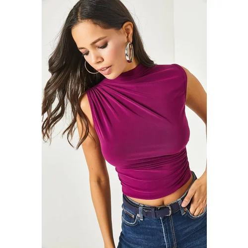 Olalook Women's Cherry Bruin Stand-Up Collar Pull-Detail Crop Blouse