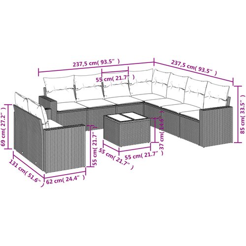  10-dijelni set vrtnih sofa s jastucima crni od poliratana Slike