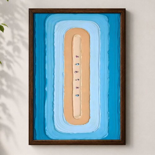 Wallxpert uramljena mdf slika 3752KACT-049, apstraktna pe&scaron;čana plaža okružena plavim talasima, 37 x 52 cm Cene