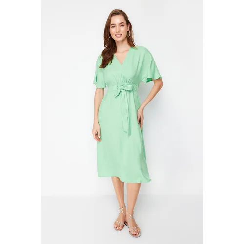 Trendyol Green Tie Detailed A-line/Bell Form Midi Woven Dress