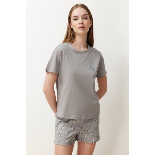 Trendyol Gray Cotton Rabbit Patterned Knitted Pajamas Set Slike