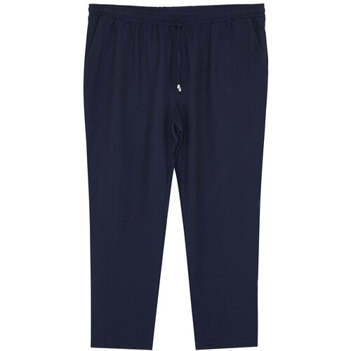 Trendyol Navy Blue Men's Plus Size Regular Fit Elastic Waist Linen Look Trousers Cene