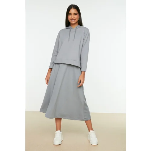 Trendyol Gray Hooded Sweatshirt-Skirt Knitted Suit