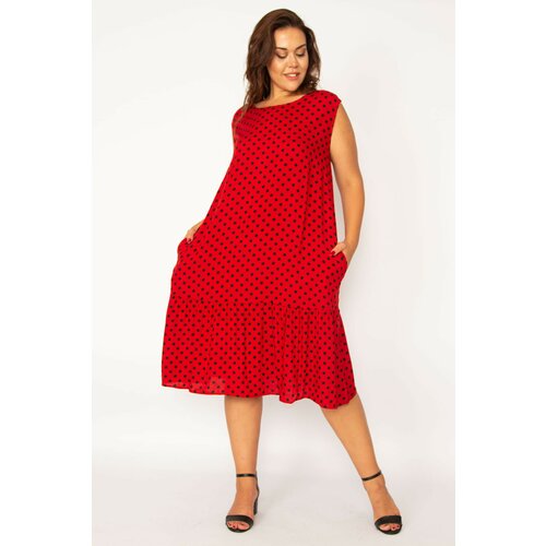 Şans Women's Plus Size Red Woven Viscose Fabric Point Patterned Layered Skirt Slike