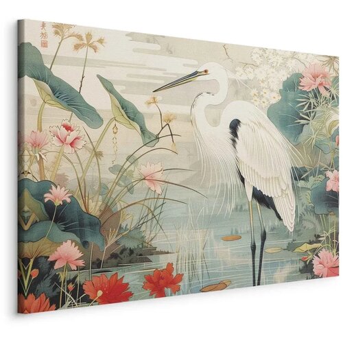  Slika - By an Asian pond - an illustration in the style of a Japanese engraving depicting a heron 60x40 Standard Cene