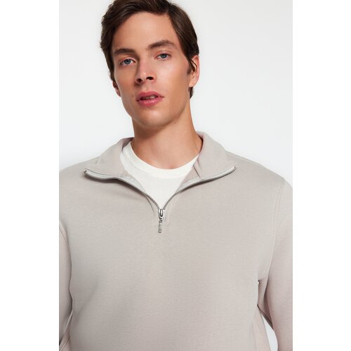 Trendyol Men's Gray Men's Regular/Regular Fit Stand Up Collar Zippered Cotton Basic Sweatshirt Slike