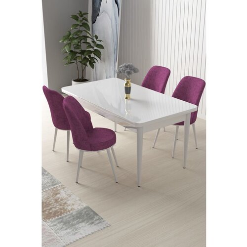Hanah home Nil - White, Purple WhitePurple Dining Table & Chairs Set (5 Pieces) Cene