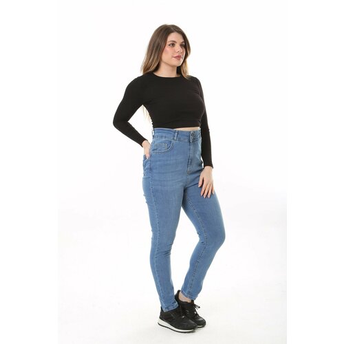 Şans Women's Plus Size Blue High Waist Skinny Leg Lycra 5 Pocket Jeans Slike