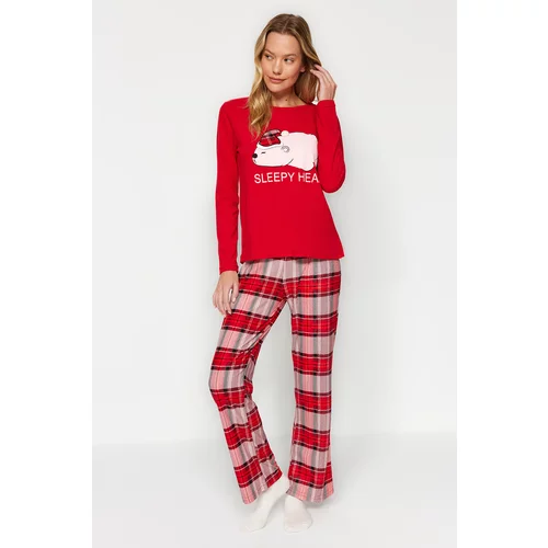 Trendyol Red Teddy Bear Printed Tshirt-Pants and Knitted Pajamas Set
