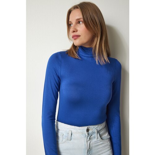 Happiness İstanbul Women's Blue High Neck Wrap Elastic Knitted Blouse Slike