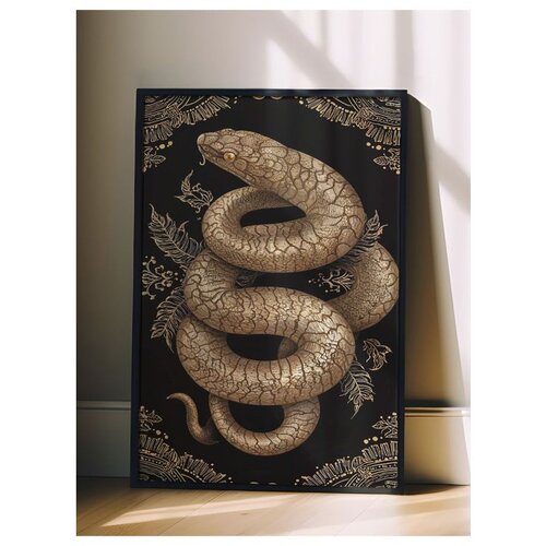 Wallxpert uramljena slika 115271, zlatna zmija na crnoj pozadini, 30 x 40 cm, crni ram Slike