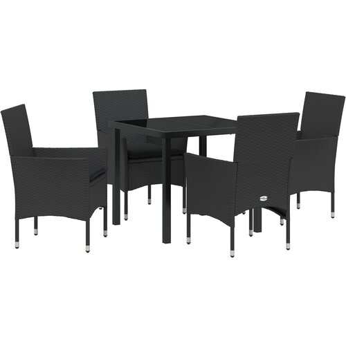 VidaXL 5-dijelni vrtni blagovaonski set s jastučićima Crni poli ratan, vrtni stol Crni 80x80x73 cm staklo otporno na udarce Slike