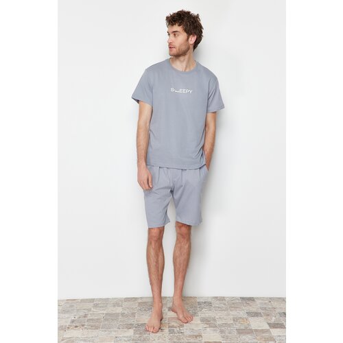 Trendyol Gray Men's Printed Regular Fit Knitted Pajamas Set Slike