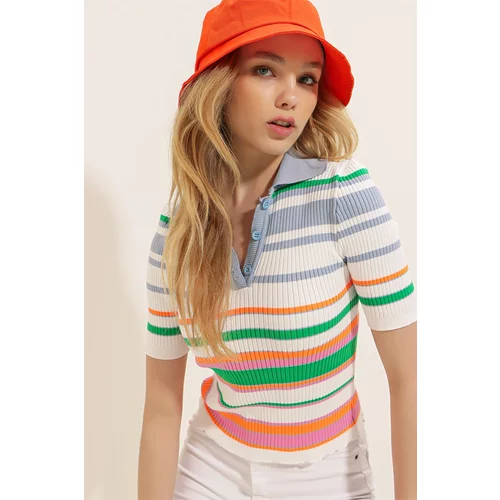 Trend Alaçatı Stili Women's Indigo Polo Collar Multicolored Striped Ribbed Knitwear T-Shirt