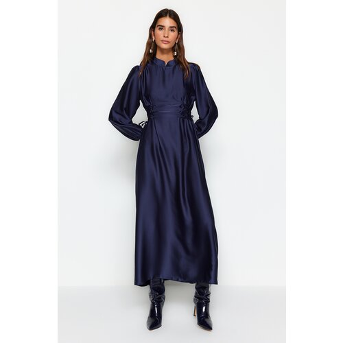 Trendyol Navy Blue Waist Brit Satin Evening Dress Slike