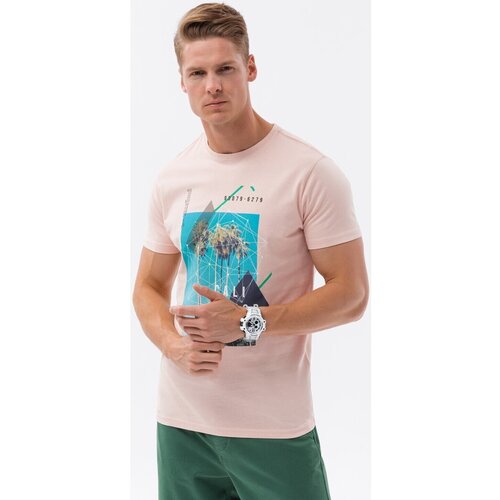 Ombre Majice s kratkimi rokavi T-shirt męski bawełniany z nadrukiem - r&amp;oacute;żowa V2 S1738 pisana Slike