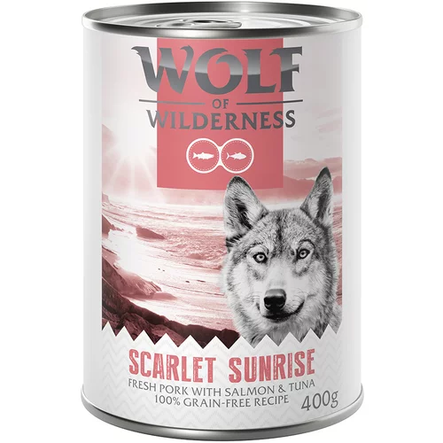 Wolf of Wilderness Adult 6 x 400 g - "Red Meat" Scarlet Sunrise: svinjsko meso z lososom in tuno