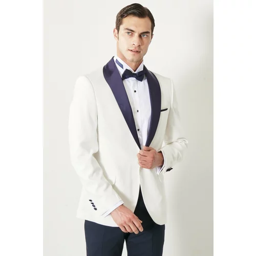 ALTINYILDIZ CLASSICS Men's White-navy Blue Slim Fit Slim Fit Slim Fit Mono Collar Patterned Classic Tuxedo Suit.